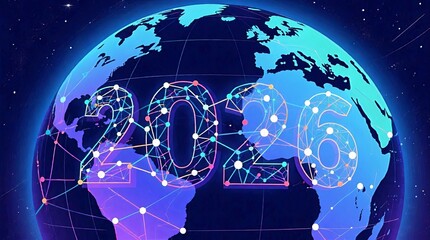 Glowing Blue And Purple Earth With Large Neon Wireframe 2026 Overlay Connected By Luminous White Constellation Dots, Neon Globe Overlay