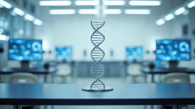A striking chrome model of a DNA double helix standing on a minimalist desk in a modern genetics research laboratory