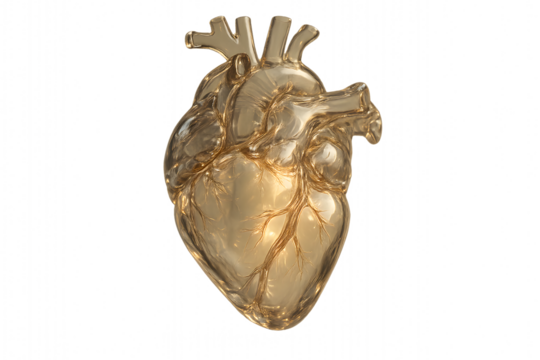 A symbolic artistic representation of a transparent heart made of glass, expressing vulnerability and resilience. Perfect for emotional health, cardiology, and awareness campaigns.