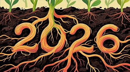 Stylized Wavy Roots Forming 2026 In Orange And Yellow Emerging From Dark Textured Soil Beneath Green Stems, Botanical Growth Concept