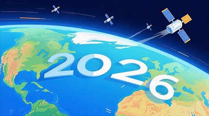 Planet Earth From Space With Large White 3D 2026 On Surface And Four Satellites Crossing Diagonally, Satellite Earth Illustration