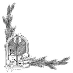 Window vector illustration with spruce branches, candle, and toy teddy bear. Linear drawing with candles and bow for Christmas greeting cards or Xmas invitations. Border for frames and templates.