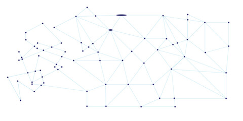 Minimalist Abstract Graphic of Connected Black Dots and Light Blue Lines on a White Background, Symbolizing Networks, Technology, and Dispersed Information.