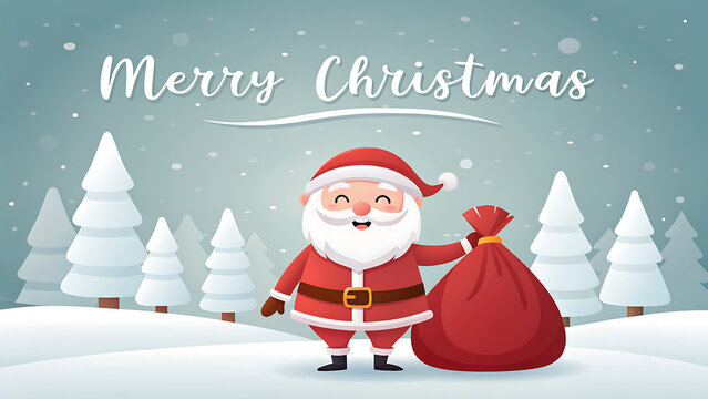 Joyful santa claus character in a snowy winter forest holding a large red gift bag with merry christmas text