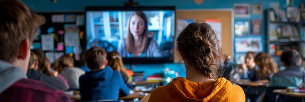 Students engaged in a virtual learning session, attentively facing a screen where a teacher or presenter is communicating vital information in a classroom setting.