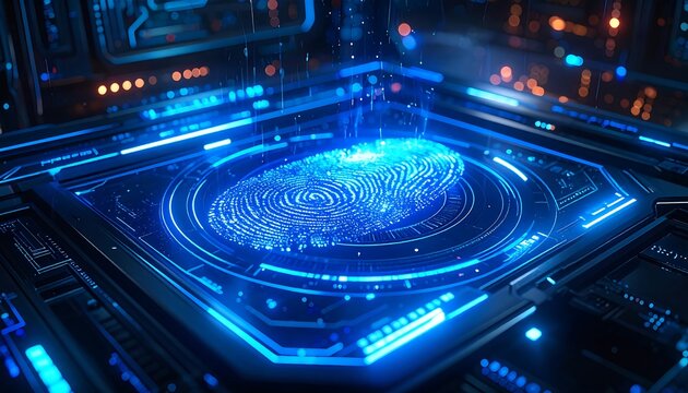 Digital fingerprint displayed on a futuristic platform with glowing blue and orange lights, intricate circuits