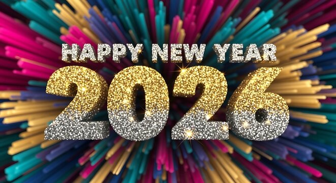 Happy new year 2026 text with sparkling numbers and colorful explosion background isolated on white background