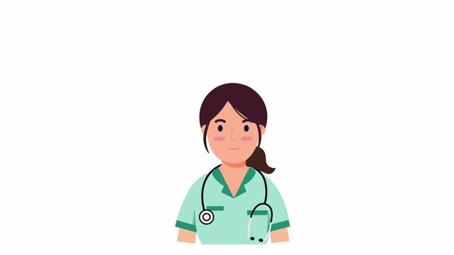 Animated Female Doctor Character Blinking Slowly on White Background.