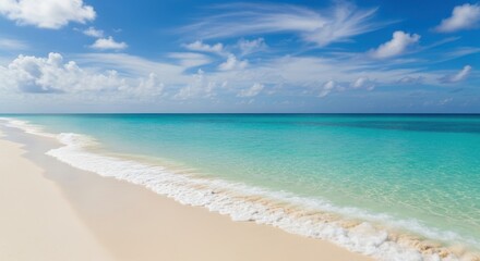 Obraz premium Waves gently lap the shore of a tropical beach on a sunny day