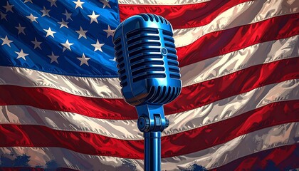 Gleaming blue vintage microphone stands before a blurred American flag, evoking patriotism and performance