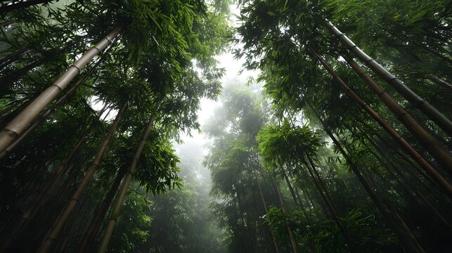 Looking up through a dense misty bamboo forest with lush green foliage and tall stalks