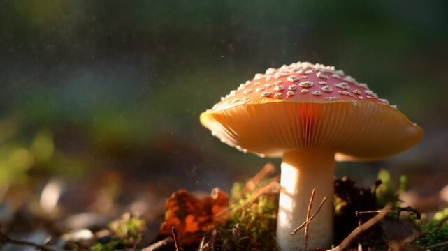 Close-up of a red and white spotted toadstool mushroom releases spore powder.