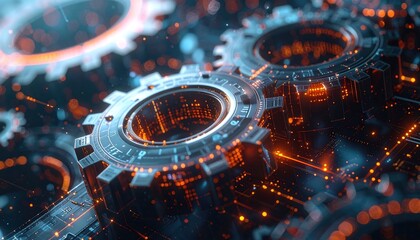 Digital gears intricately mesh amidst glowing circuitry, creating a high-tech futuristic abstract network visualization