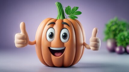 A cartoon pumpkin with a wide smile, big eyes, and a thumbs-up gesture on a purple background. A cheerful character for fall and Halloween designs.