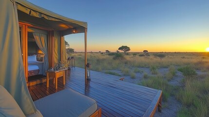 A luxury safari tent with deck overlooking the sunset landscape