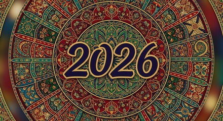 Fototapeta premium Intricate mandala design featuring the year 2026 in the center isolated on white background