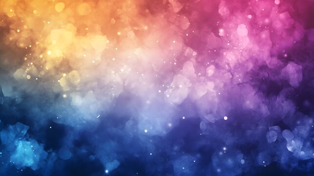 A dreamy abstract background featuring a colorful watercolor gradient from warm orange/pink to cool blue/purple, accented with bokeh and shimmering particles.