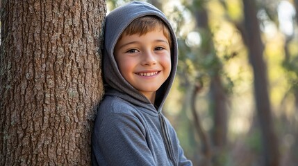 A cheerful young boy in a grey hoodie leans against a tree, smiling brightly amidst a serene natural backdrop, radiating positivity and childhood joy in the great outdoors.