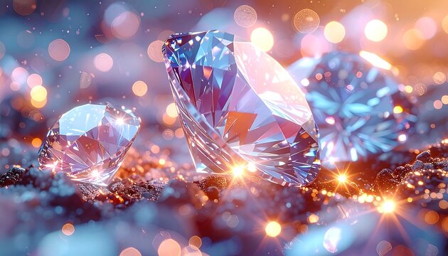 Gleaming diamonds scattered on dark, textured ground, illuminated by soft, warm bokeh lights, creating a magical ambiance