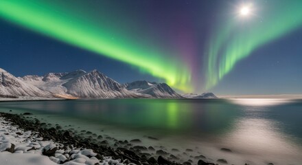 Spectacular aurora borealis illuminates snowy mountains and tranquil ocean
