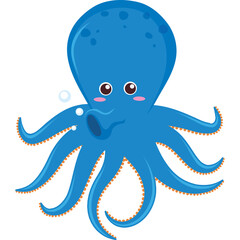 Cute Blue Cartoon Octopus with Tentacles and Bubbles on Transparent Background Vector Illustration