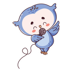 Cute Blue Owl Character Singing Into a Microphone with a Transparent Background