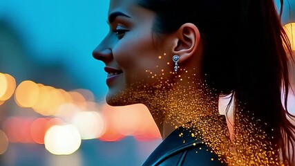 woman in a digital cityscape