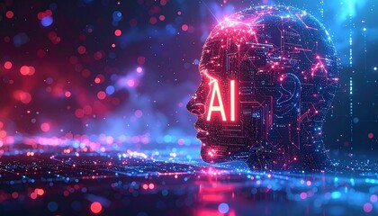 Digital head with illuminated circuits and "AI" text, immersed in glowing blue and red light and bokeh