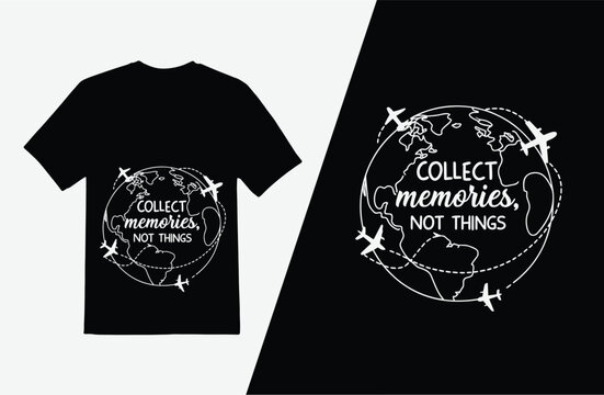 A black t shirt with a white globe design featuring airplanes and inspirational text