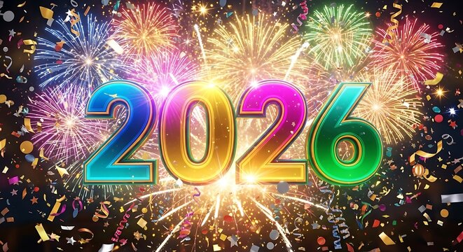 Vibrant multicolored 2026 numbers illuminated by bright fireworks and confetti celebration isolated on white background