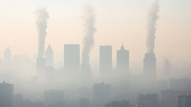 City skyline shrouded in dense smog and industrial pollution