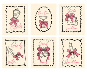 Set cards with different girl elements. Coquette postcards or tags. Line art shoe, cherry and lipstick.