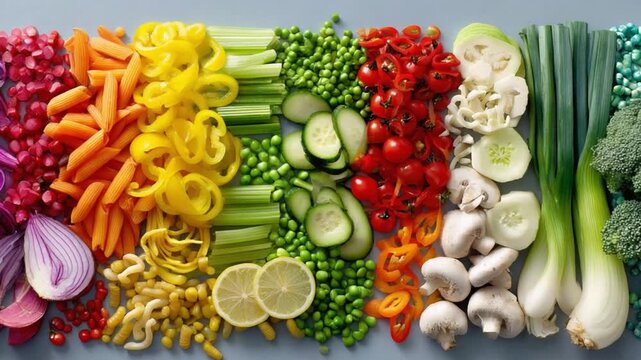 A Rainbow of Fresh Produce: A vibrant array of fresh vegetables and fruits is artfully arranged, showcasing the colors and textures of nature's bounty and promoting healthy eating