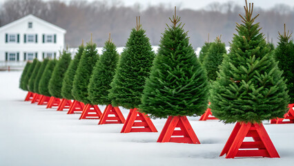 Row of freshly cut christmas trees displayed in red stands on a snowy winter day with a white house in the background