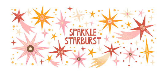 Stars and constellation shapes in retro cartoon style. Celestial elements: shining star, spiral sun, falling comet. Cosmic composition for night sky design, mystical astronomy illustration in funky 