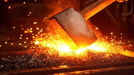 Blacksmith hammering a hot anvil with sparks flying in workshop
