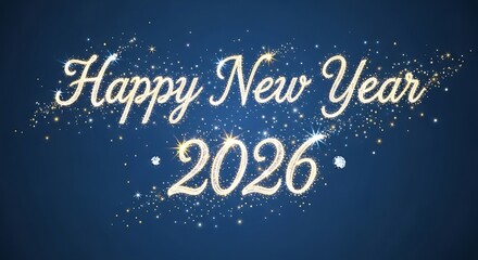 Happy new year 2026 text with sparkling glitter and confetti isolated on white background