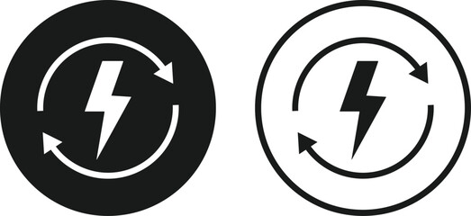 Lightning Bolt and Circular Arrow Icon Set. Energy Refresh and System Update symbol. Power Efficiency Symbol sign