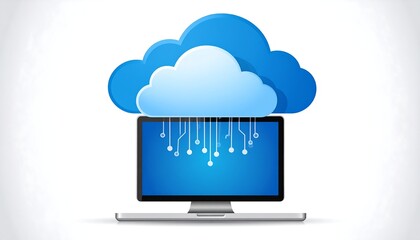 Digital illustration of a computer connected to a cloud, on a white background, with circuitry connecting the two