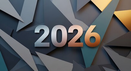 Metallic 2026 numbers with a futuristic abstract geometric background isolated on white background