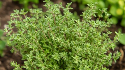 Close up of fragrant green thyme herb growing naturally