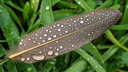 Close up of a brown feather covered with water droplets