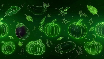 Digital illustration of various vegetables outlined in neon green against a dark green speckled background