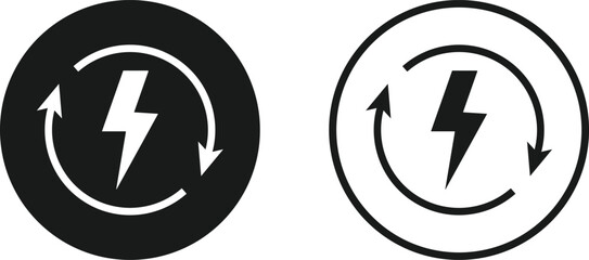 Lightning Bolt and Circular Arrow Icon Set. Energy Refresh and System Update symbol. Power Efficiency Symbol sign