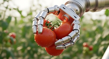 Robotic arm harvesting fresh ripe tomatoes in a sunlit greenhouse providing advanced agricultural automation for sustainable farming