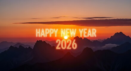 Happy new year 2026 text overlay on a vibrant sunset over mountain peaks isolated on white background