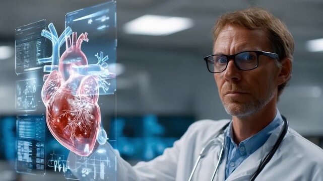 Expertise in the Examination Room: A focused cardiologist in a clean, contemporary room analyzes a holographic heart, representing innovation in healthcare and medical discovery.