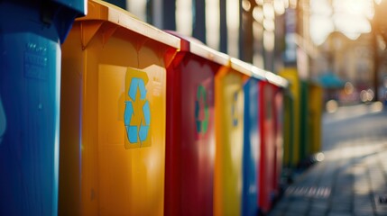 Row of bright recycling bins on the street for waste sorting and collection. Eco-friendly concept promoting urban cleanliness and sustainability.