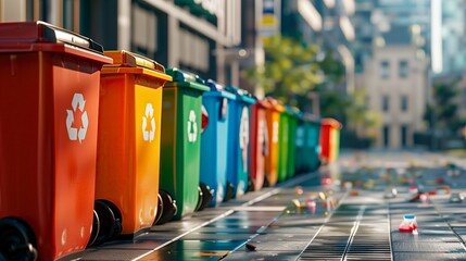 A line of multicolored recycling bins placed outdoors along the street. Symbol of urban waste sorting and environmental awareness.