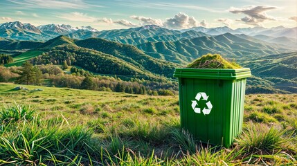 Recycling bin with empty bottles standing on green grass against scenic mountains, highlighting sustainability, zero waste, and eco awareness.